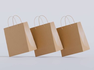 Beyaz panelli yüzen kağıt bir alışveriş çantasının gerçekçi bir 3 boyutlu görüntüsü, doğal ışıklandırma ve yumuşak gölgelerin yer aldığı, sıcak bej bir arka plan üzerine kurulmuş. Çantanın sapı bükülmüş.