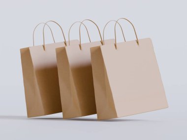 Beyaz panelli yüzen kağıt bir alışveriş çantasının gerçekçi bir 3 boyutlu görüntüsü, doğal ışıklandırma ve yumuşak gölgelerin yer aldığı, sıcak bej bir arka plan üzerine kurulmuş. Çantanın sapı bükülmüş.