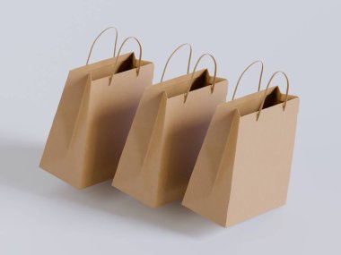 Beyaz panelli yüzen kağıt bir alışveriş çantasının gerçekçi bir 3 boyutlu görüntüsü, doğal ışıklandırma ve yumuşak gölgelerin yer aldığı, sıcak bej bir arka plan üzerine kurulmuş. Çantanın sapı bükülmüş.