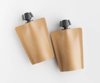 Gri arkaplanda izole edilmiş model koleksiyonu için Doypack kahverengi renk 3D görüntüleme