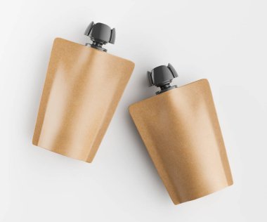 Gri arkaplanda izole edilmiş model koleksiyonu için Doypack kahverengi renk 3D görüntüleme