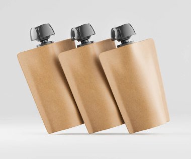 Gri arkaplanda izole edilmiş model koleksiyonu için Doypack kahverengi renk 3D görüntüleme