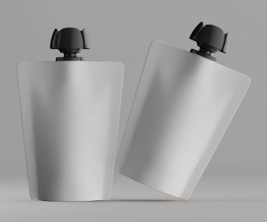 Gri arkaplanda izole edilmiş modelleme koleksiyonu için Doypack beyaz rengi 3D görüntüleme