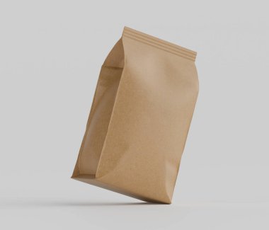 Gri arkaplanda izole edilmiş model koleksiyonu için 3B Renkli Renklendirme Kahve Kese Paketi Kahverengi