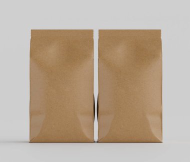 Gri arkaplanda izole edilmiş model koleksiyonu için 3B Renkli Renklendirme Kahve Kese Paketi Kahverengi