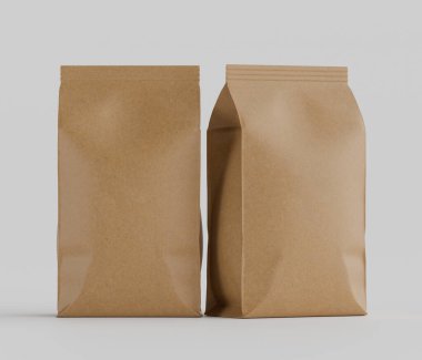 Gri arkaplanda izole edilmiş model koleksiyonu için 3B Renkli Renklendirme Kahve Kese Paketi Kahverengi