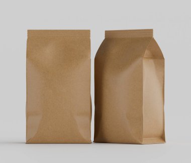 Gri arkaplanda izole edilmiş model koleksiyonu için 3B Renkli Renklendirme Kahve Kese Paketi Kahverengi