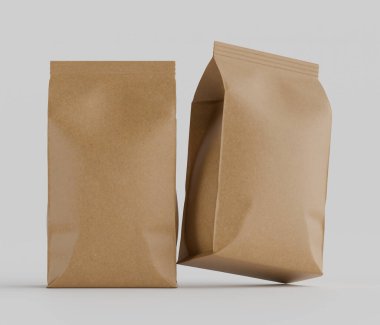 Gri arkaplanda izole edilmiş model koleksiyonu için 3B Renkli Renklendirme Kahve Kese Paketi Kahverengi