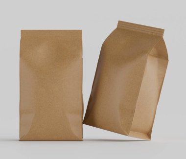 Gri arkaplanda izole edilmiş model koleksiyonu için 3B Renkli Renklendirme Kahve Kese Paketi Kahverengi