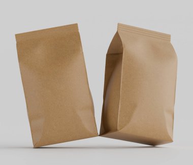 Gri arkaplanda izole edilmiş model koleksiyonu için 3B Renkli Renklendirme Kahve Kese Paketi Kahverengi