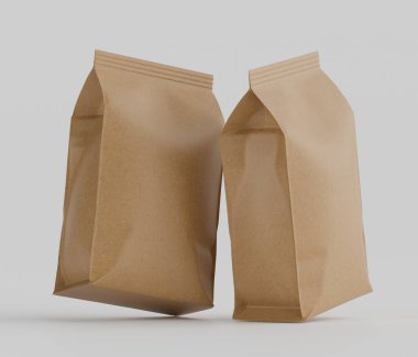 Gri arkaplanda izole edilmiş model koleksiyonu için 3B Renkli Renklendirme Kahve Kese Paketi Kahverengi