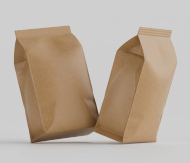 Gri arkaplanda izole edilmiş model koleksiyonu için 3B Renkli Renklendirme Kahve Kese Paketi Kahverengi