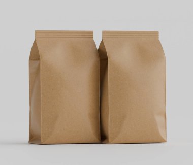 Gri arkaplanda izole edilmiş model koleksiyonu için 3B Renkli Renklendirme Kahve Kese Paketi Kahverengi