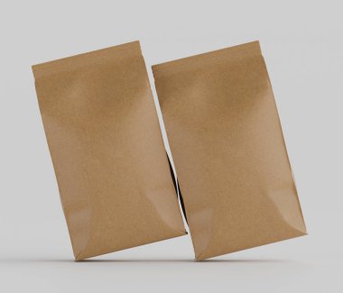 Gri arkaplanda izole edilmiş model koleksiyonu için 3B Renkli Renklendirme Kahve Kese Paketi Kahverengi