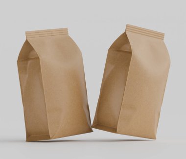 Gri arkaplanda izole edilmiş model koleksiyonu için 3B Renkli Renklendirme Kahve Kese Paketi Kahverengi