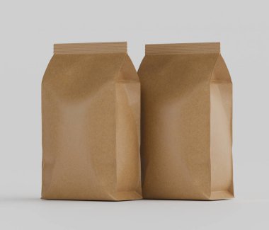 Gri arkaplanda izole edilmiş model koleksiyonu için 3B Renkli Renklendirme Kahve Kese Paketi Kahverengi