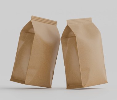 Gri arkaplanda izole edilmiş model koleksiyonu için 3B Renkli Renklendirme Kahve Kese Paketi Kahverengi