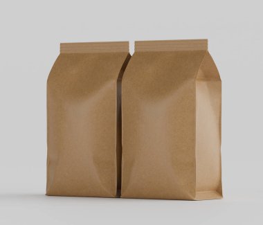 Gri arkaplanda izole edilmiş model koleksiyonu için 3B Renkli Renklendirme Kahve Kese Paketi Kahverengi