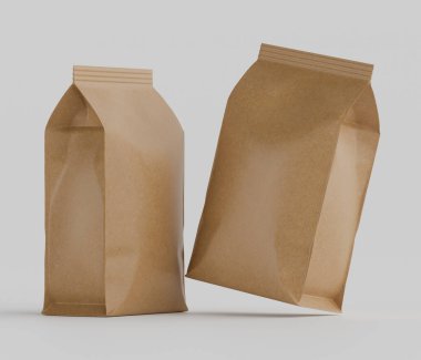 Gri arkaplanda izole edilmiş model koleksiyonu için 3B Renkli Renklendirme Kahve Kese Paketi Kahverengi