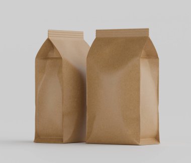 Gri arkaplanda izole edilmiş model koleksiyonu için 3B Renkli Renklendirme Kahve Kese Paketi Kahverengi