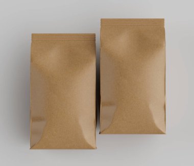 Gri arkaplanda izole edilmiş model koleksiyonu için 3B Renkli Renklendirme Kahve Kese Paketi Kahverengi