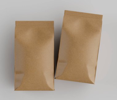 Gri arkaplanda izole edilmiş model koleksiyonu için 3B Renkli Renklendirme Kahve Kese Paketi Kahverengi