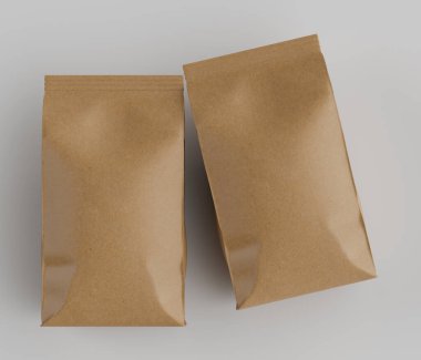 Gri arkaplanda izole edilmiş model koleksiyonu için 3B Renkli Renklendirme Kahve Kese Paketi Kahverengi