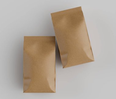 Gri arkaplanda izole edilmiş model koleksiyonu için 3B Renkli Renklendirme Kahve Kese Paketi Kahverengi