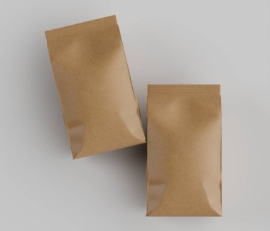 Gri arkaplanda izole edilmiş model koleksiyonu için 3B Renkli Renklendirme Kahve Kese Paketi Kahverengi