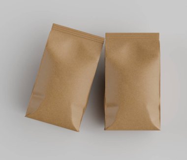 Gri arkaplanda izole edilmiş model koleksiyonu için 3B Renkli Renklendirme Kahve Kese Paketi Kahverengi