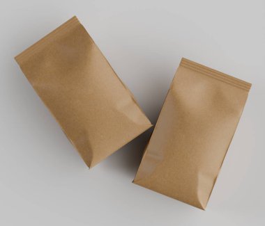 Gri arkaplanda izole edilmiş model koleksiyonu için 3B Renkli Renklendirme Kahve Kese Paketi Kahverengi