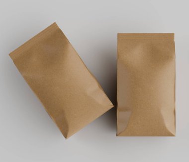 Gri arkaplanda izole edilmiş model koleksiyonu için 3B Renkli Renklendirme Kahve Kese Paketi Kahverengi