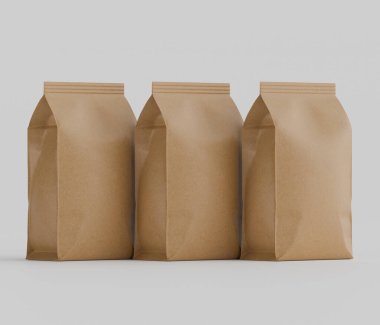 Gri arkaplanda izole edilmiş model koleksiyonu için 3B Renkli Renklendirme Kahve Kese Paketi Kahverengi