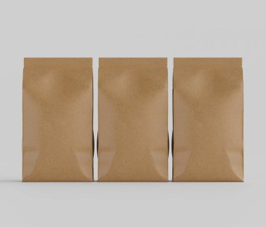 Gri arkaplanda izole edilmiş model koleksiyonu için 3B Renkli Renklendirme Kahve Kese Paketi Kahverengi