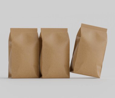 Gri arkaplanda izole edilmiş model koleksiyonu için 3B Renkli Renklendirme Kahve Kese Paketi Kahverengi