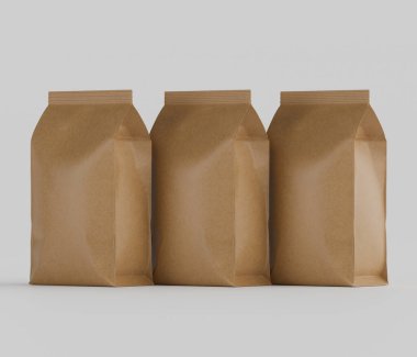 Gri arkaplanda izole edilmiş model koleksiyonu için 3B Renkli Renklendirme Kahve Kese Paketi Kahverengi