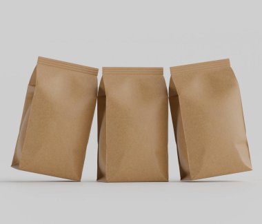 Gri arkaplanda izole edilmiş model koleksiyonu için 3B Renkli Renklendirme Kahve Kese Paketi Kahverengi