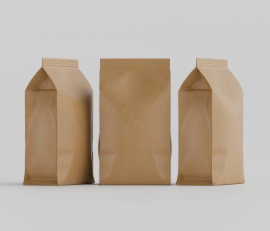 Gri arkaplanda izole edilmiş model koleksiyonu için 3B Renkli Renklendirme Kahve Kese Paketi Kahverengi