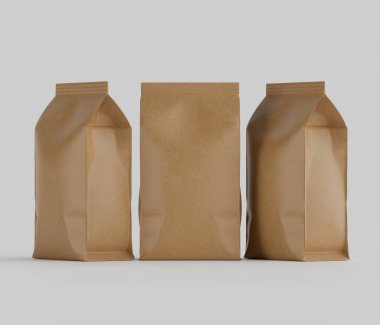 Gri arkaplanda izole edilmiş model koleksiyonu için 3B Renkli Renklendirme Kahve Kese Paketi Kahverengi