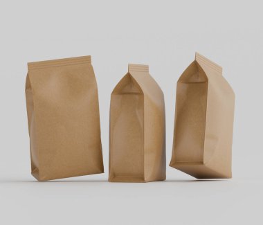 Gri arkaplanda izole edilmiş model koleksiyonu için 3B Renkli Renklendirme Kahve Kese Paketi Kahverengi