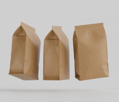 Gri arkaplanda izole edilmiş model koleksiyonu için 3B Renkli Renklendirme Kahve Kese Paketi Kahverengi