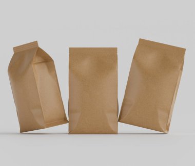 Gri arkaplanda izole edilmiş model koleksiyonu için 3B Renkli Renklendirme Kahve Kese Paketi Kahverengi