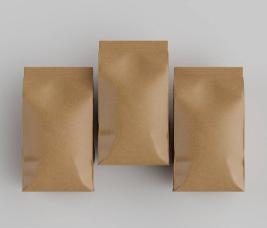 Gri arkaplanda izole edilmiş model koleksiyonu için 3B Renkli Renklendirme Kahve Kese Paketi Kahverengi