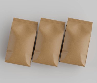 Gri arkaplanda izole edilmiş model koleksiyonu için 3B Renkli Renklendirme Kahve Kese Paketi Kahverengi