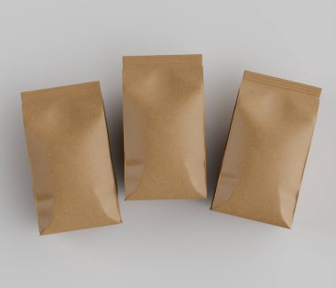 Gri arkaplanda izole edilmiş model koleksiyonu için 3B Renkli Renklendirme Kahve Kese Paketi Kahverengi