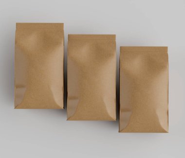 Gri arkaplanda izole edilmiş model koleksiyonu için 3B Renkli Renklendirme Kahve Kese Paketi Kahverengi