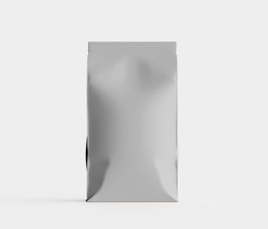 Gri arkaplanda izole edilmiş model koleksiyonu için 3B Renkli Resim Kahve Kese Paketi