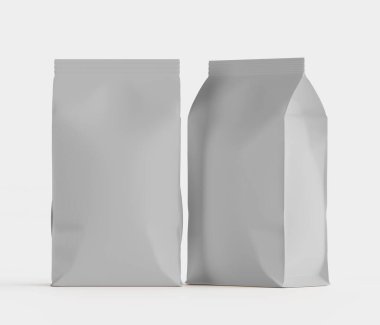 Gri arkaplanda izole edilmiş model koleksiyonu için 3B Renkli Resim Kahve Kese Paketi