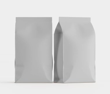 Gri arkaplanda izole edilmiş model koleksiyonu için 3B Renkli Resim Kahve Kese Paketi