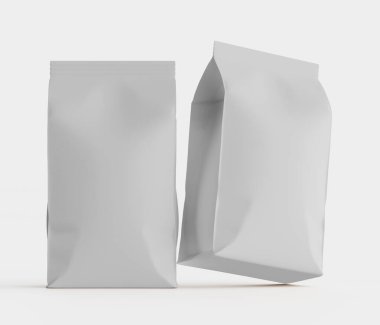 Gri arkaplanda izole edilmiş model koleksiyonu için 3B Renkli Resim Kahve Kese Paketi